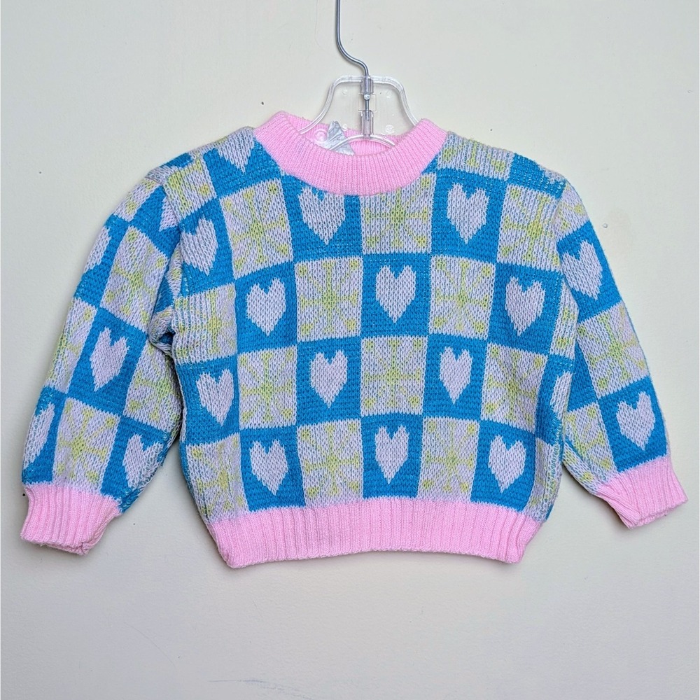 Vintage Heart‎ Check Pastel 80s Girls Sweater Infant Toddler Size 24 Months